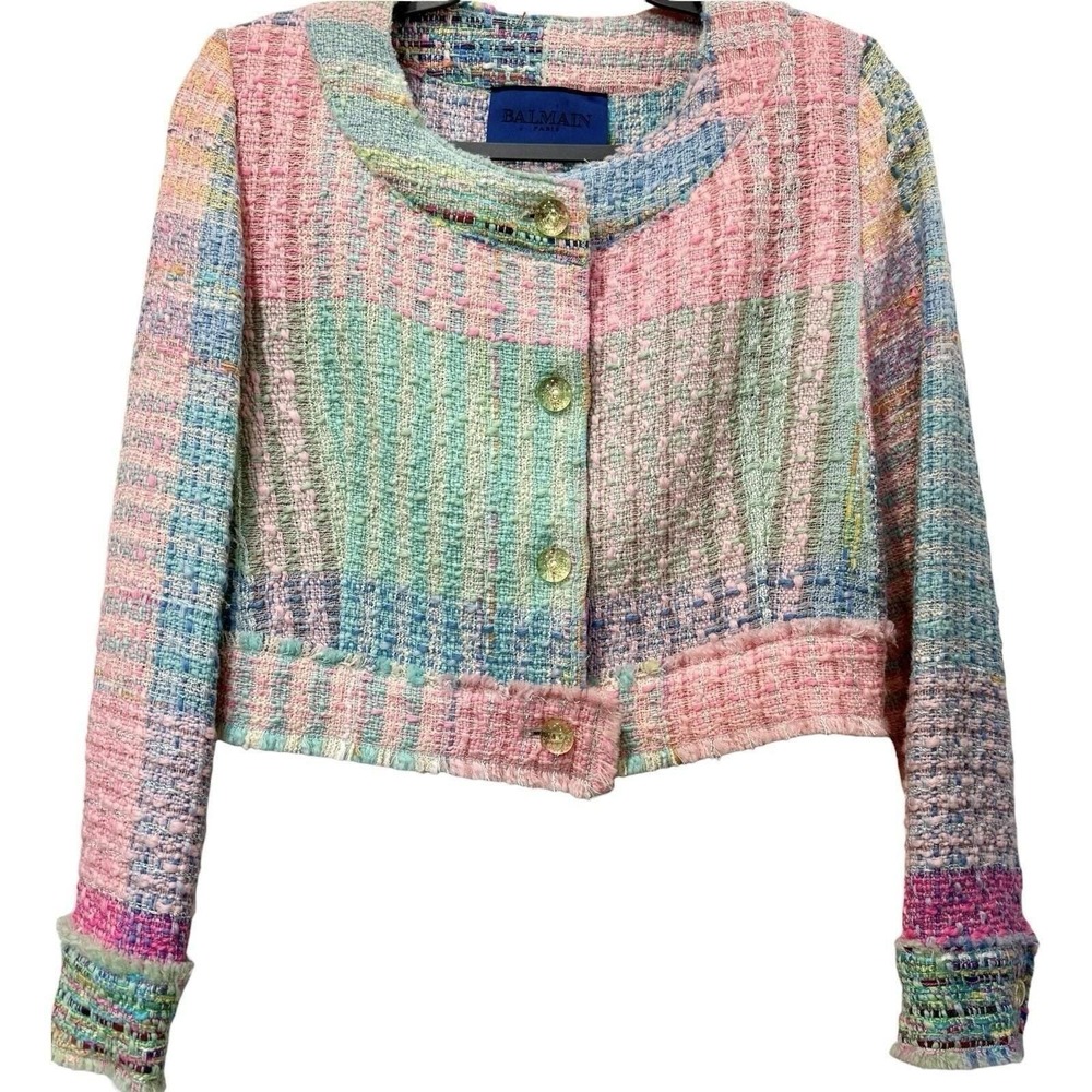 AUTH Balmain Paris Vintage Pastel Multicolor Tweed Cropped Jacket Italy 8 M